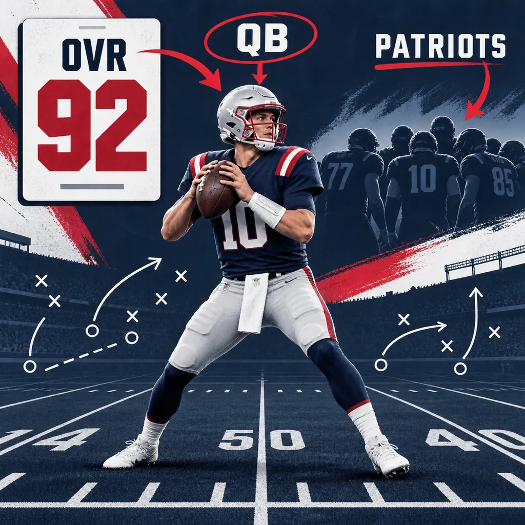 Redaktionelles Diagramm, das Drake Mayes 92 OVR mit QB- und Patriots-Kontext verbindet