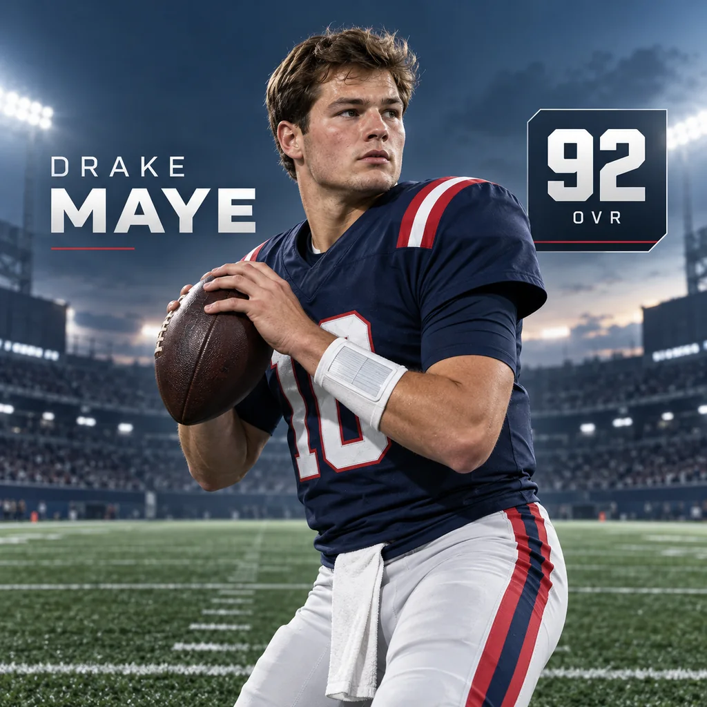 Redaktionelle Illustration von Drake Maye mit einer Madden-27-Ratingkarte für 92 OVR