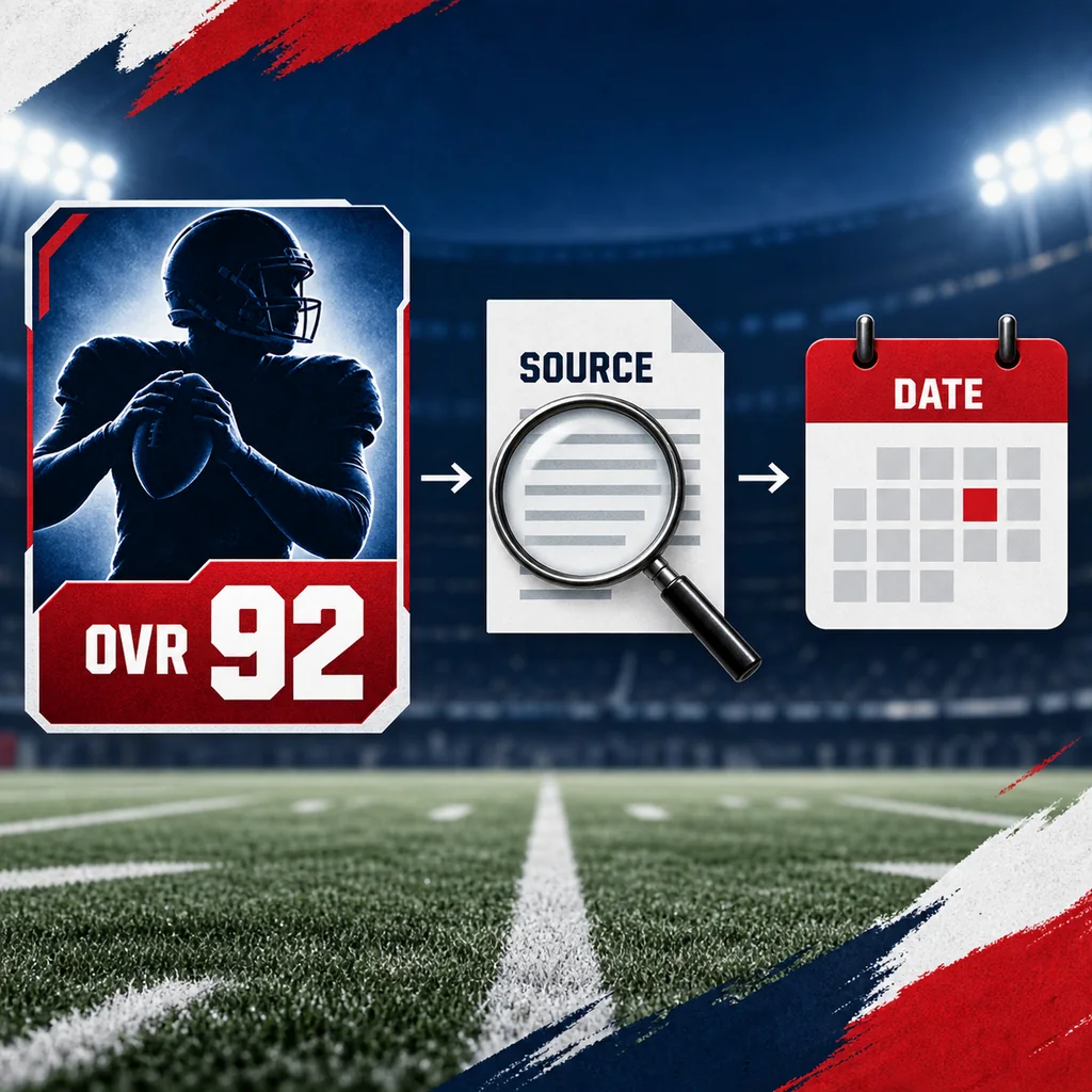 Redaktioneller Ablauf mit Quelle, OVR 92 und Datum zur Prüfung eines Madden-27-Ratings