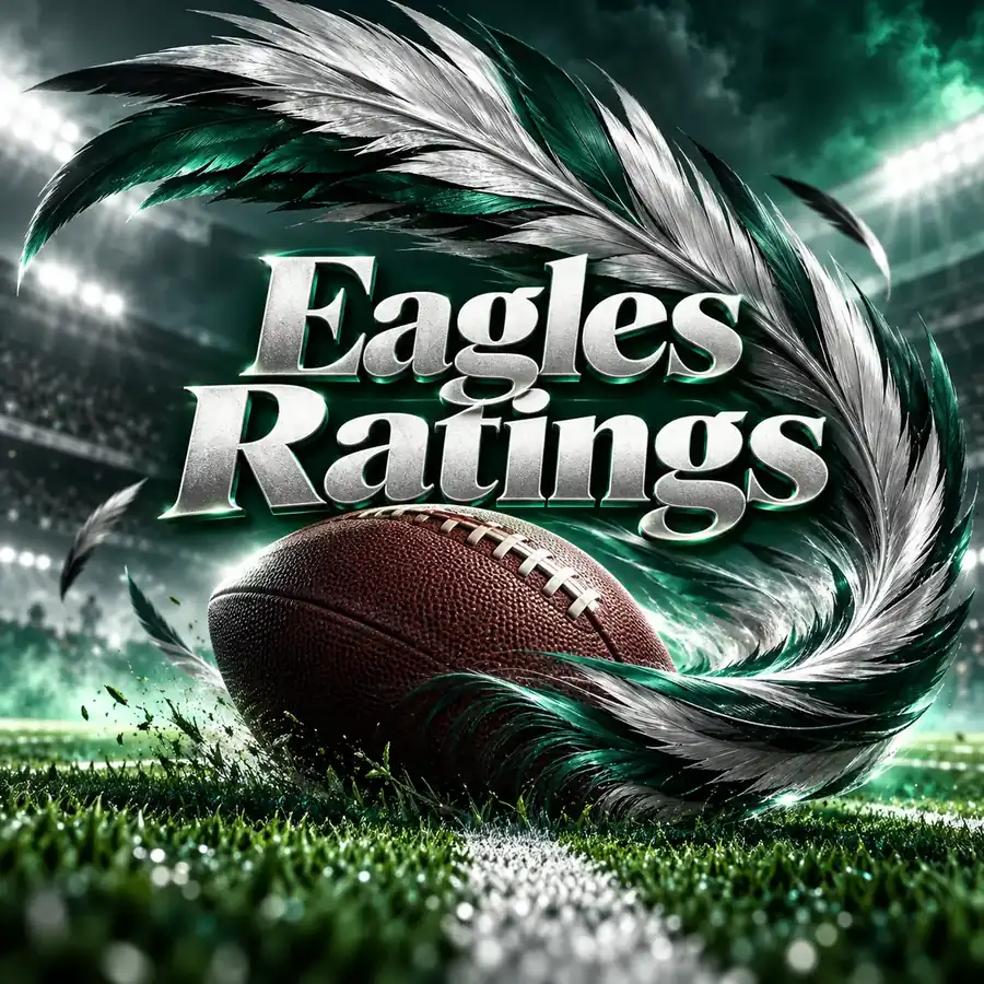 Arte conceptual editorial de un snapshot de ratings Eagles con plumas verdes y plateadas alrededor de un balón; no es gameplay ni arte oficial