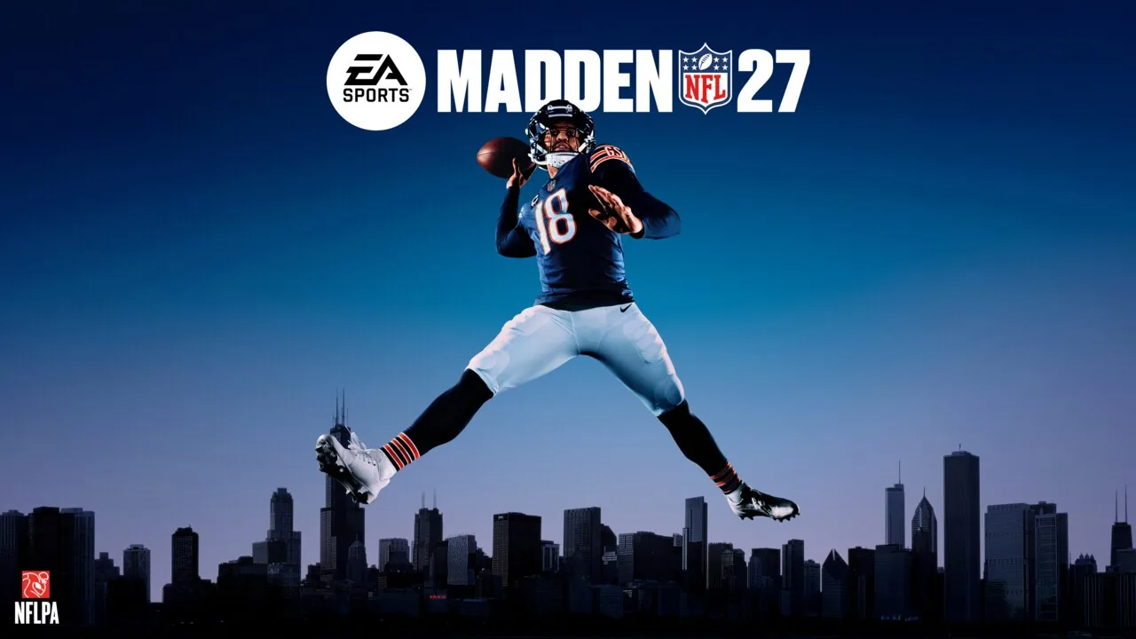 街並みを背景にボールを持つ選手を描いた、EA公式 Madden NFL 27 キーアート