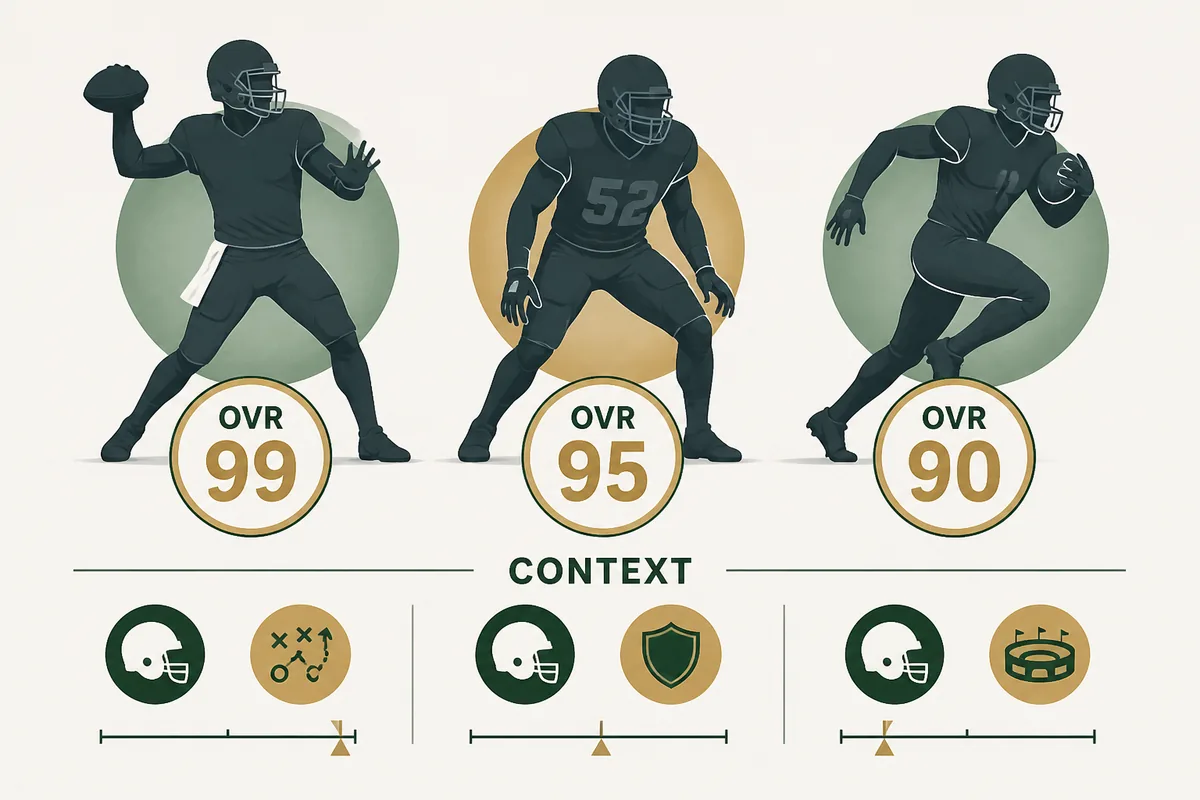Editorial comparison of 99, 95, and 90 OVR values with different player position contexts