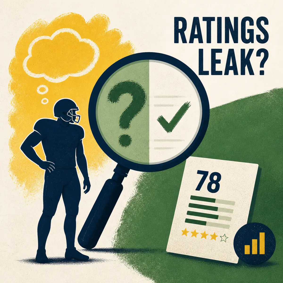 Editorial illustration of a football player and magnifying glass checking a possible Madden 27 ratings leak