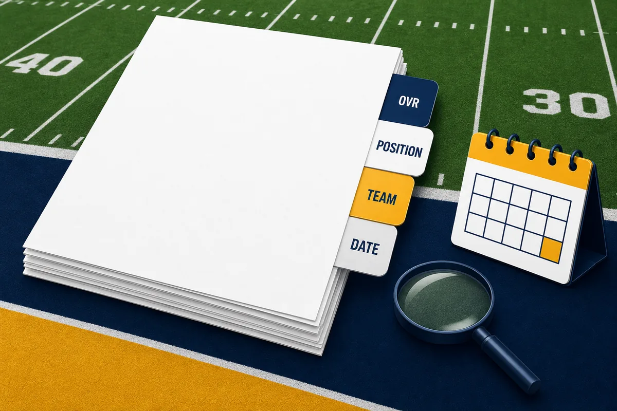 Madden 27の公開サンプルで使うOVR、ポジション、チーム、日付を示す編集イラスト