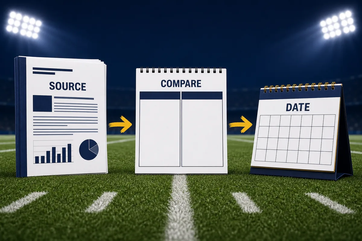 Source、Compare、Dateの3段階でMadden 27のレーティング更新を確認する編集イラスト