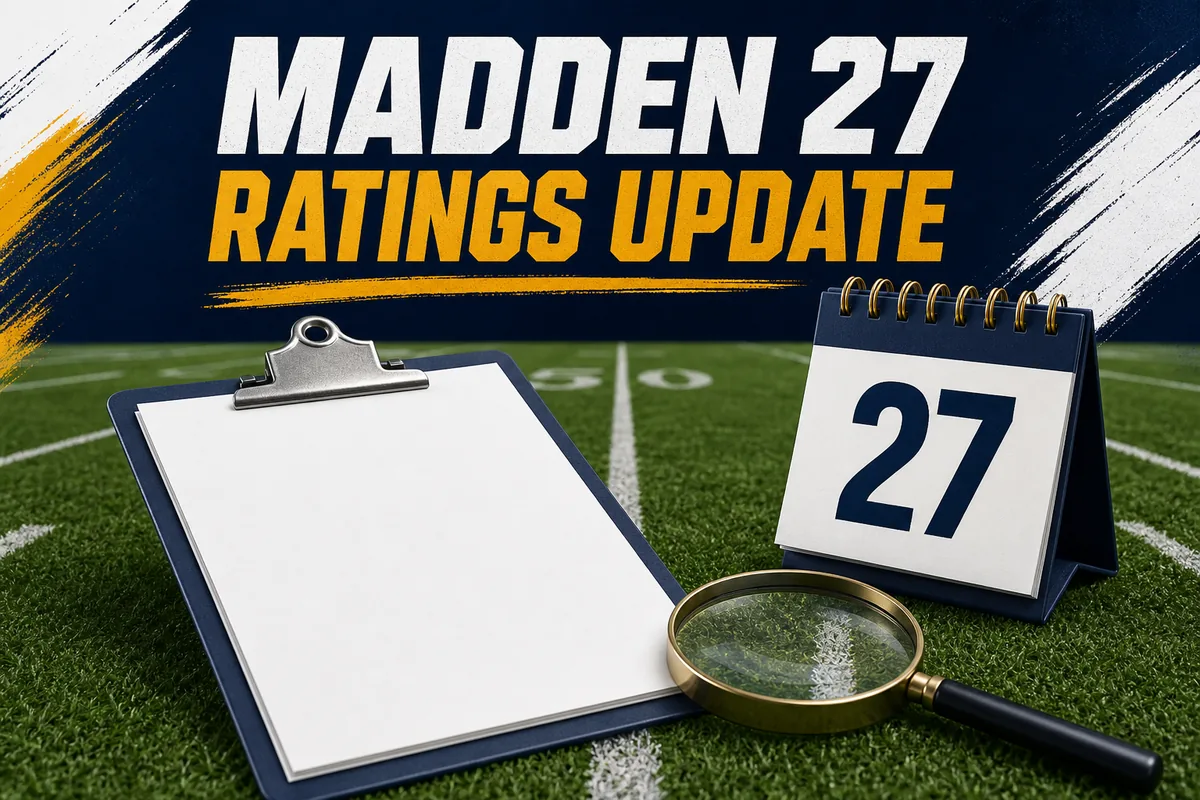 アメリカンフットボール場で空白のチェックリスト、カレンダー、虫眼鏡を使ってMadden 27のレーティング更新を説明する編集イラスト