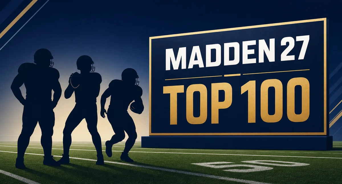 미식축구 경기장 위에 표시된 Madden 27 선수 레이팅 Top 100 편집 일러스트