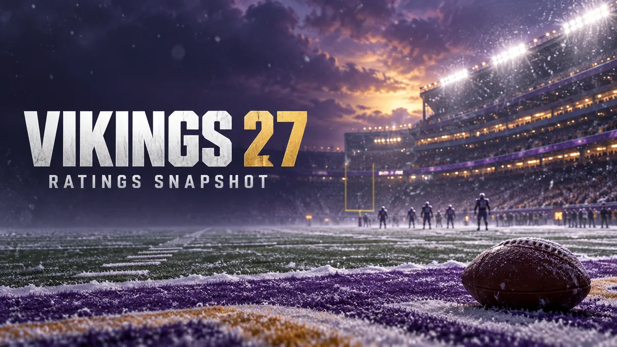 Ilustración conceptual de un estadio nevado con el texto Vikings 27 Ratings Snapshot; no es una imagen de EA ni una captura de juego